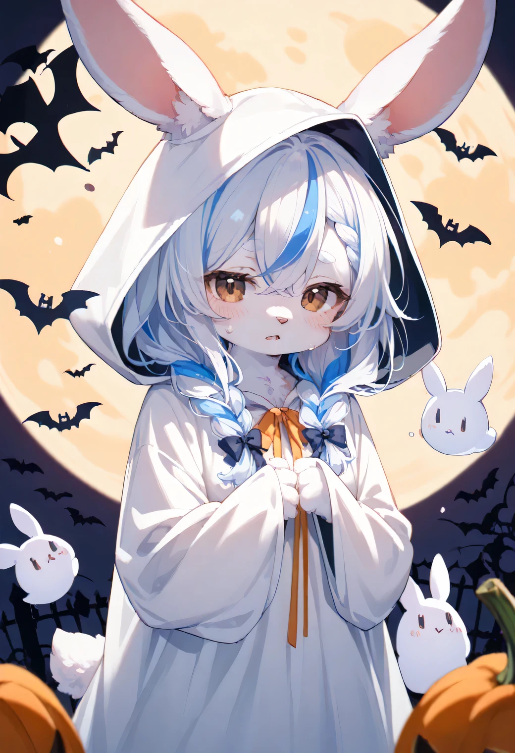 score_9, score_8_up, score_7_up, score_6_up, score_5_up, score_4_up, source_cartoon, best quality, amazing quality, very aesthetic, absurdres, 1girl, (furry, kemono:1.2), rabbit, rabbit girl, rabbit ears, chibi style, full_moon, ghost costume, blue hair, streaked hair, breasts, multicolored hair, looking at viewer, small breasts, brown eyes, blush, hood, halloween, white ghost, open mouth, solo, tired look, bats in the background, hair between eyes, white hair, braided bangs, sweat, halloween costume, hood up, braid, cowboy shot, blurry