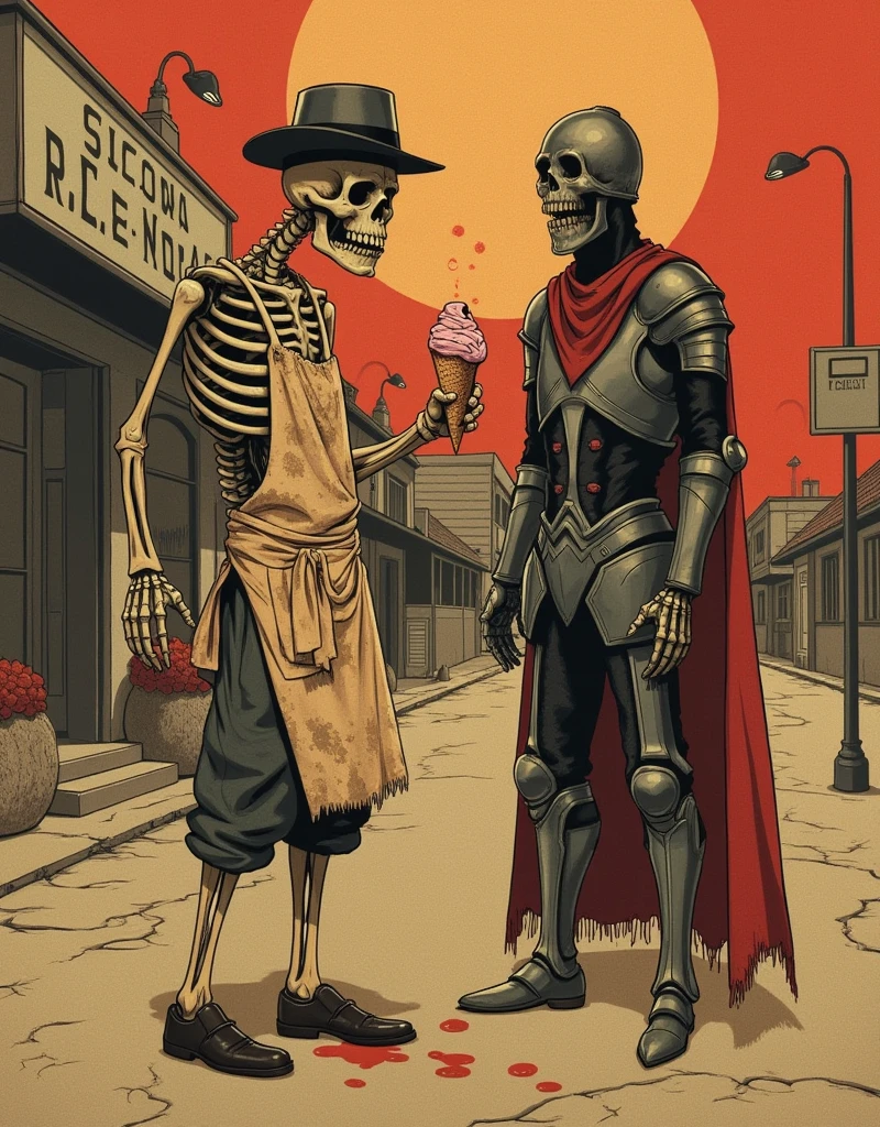 In a desolate setting of an abandoned ice cream shop, a sinister skeleton dressed as a 1940s vendor, wearing a dirty apron and a worn-out hat, offers a grotesque ice cream cone with a bloody eyeball on top. The color palette uses faded tones of red, beige, and black, creating an aged texture and purposeful grain. The drawing style is inspired by vintage horror comics, with thick lines and dramatic shading. In the background, a deserted street under a washed-out orange sky evokes a sense of abandonment and mystery. Beside the skeleton, a tall and imposing undead knight in a worn-out armor and a tattered red cape silently observes. The medieval setting contrasts with the ice cream shop, suggesting a surreal encounter between the past and the present. The texture of the armor and bones is detailed, with soft shading, while still keeping the style of old comic books. The image evokes both a sense of horror and epic fantasy.