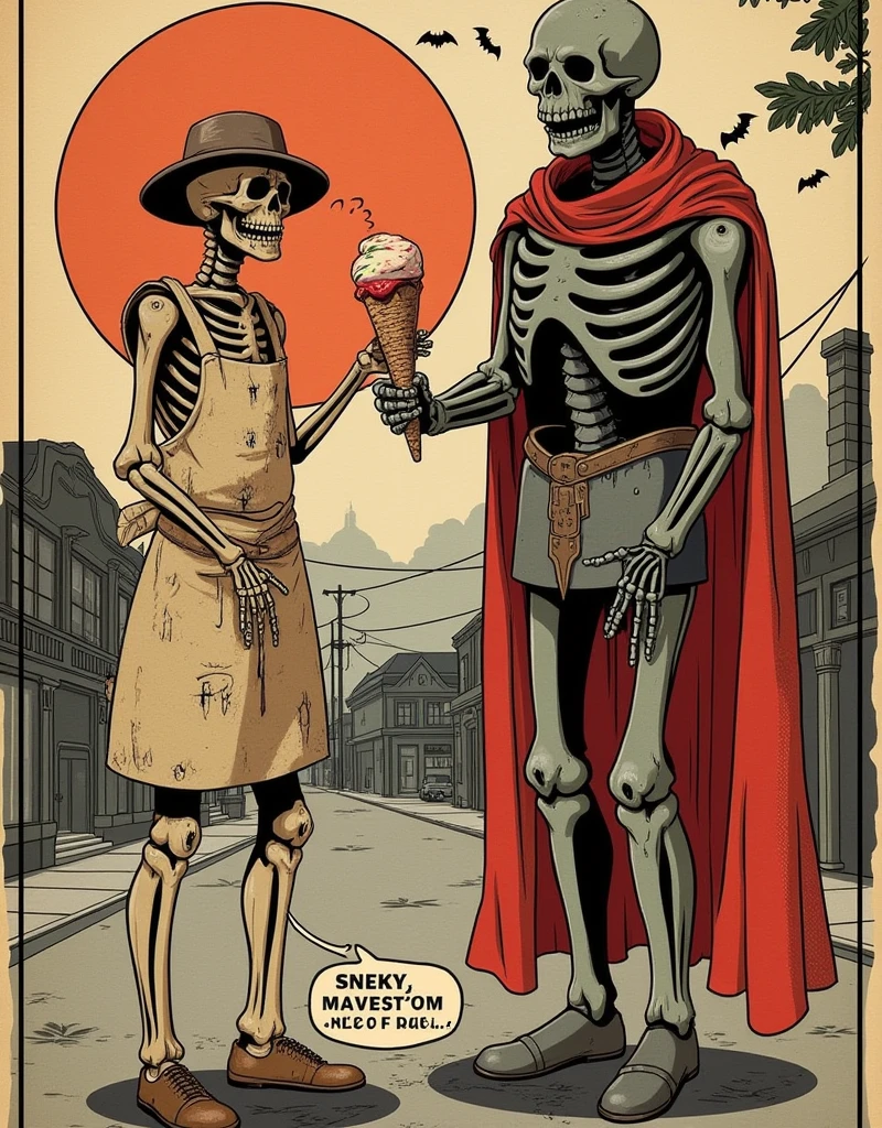 In the style of 1940s vintage comic books, a scene unfolds in an abandoned ice cream shop. A sinister skeleton, dressed as a 1940s ice cream vendor with a dirty apron and worn-out hat, offers a grotesque ice cream cone with a bloody eyeball on top. The comic book features bold, thick lines, heavy inking, and halftone shading, capturing the eerie tone with a retro color palette of faded reds, beiges, and blacks. Text boxes with classic comic-style fonts narrate the horror: 'What’s Your Poison?' and 'The Creepiest Treat in Town!' Speech bubbles above the skeleton read: 'Enjoy your treat... if you dare!'
In the background, a deserted street under a pale orange sky adds to the mystery, with small comic sound effects like 'Drip... Drip...' showing melting ice cream. Beside the skeleton stands a towering undead knight, draped in a tattered red cape and rusty armor, watching silently. The contrast between the medieval knight and the 1940s setting intensifies the surreal feeling. The knight’s armor and bones are rendered with detailed cross-hatching and stippling. The scene captures both the eerie horror and the epic fantasy, with exaggerated features, dramatic poses, and text bubbles completing the look of a horror comic cover from the 1940s