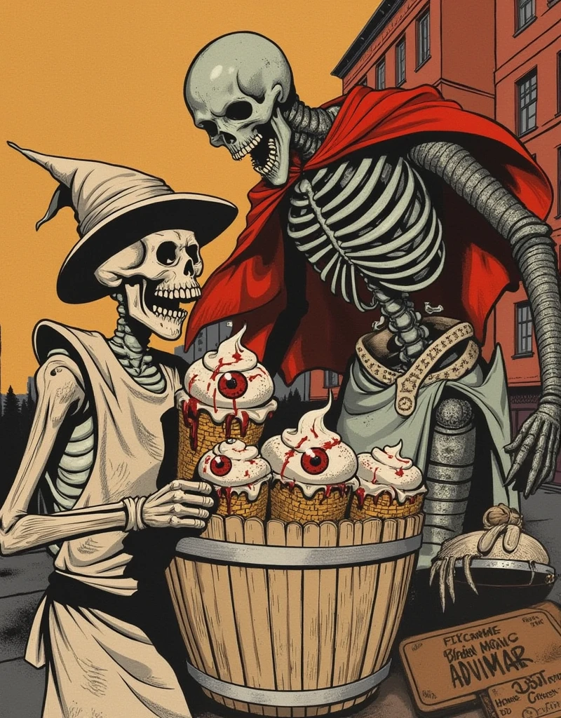 In a vintage comic book style from the 1940s, the scene is set in an eerie, abandoned ice cream shop. A sinister skeleton, dressed as a 1940s ice cream vendor, wears a dirty apron and a worn-out hat, holding a grotesque ice cream cone topped with a bloody eyeball. The color palette features muted tones of red, beige, and black, with intentional aging effects like faded hues and halftone textures to give a retro, worn-out feel. The artwork is defined by bold, thick outlines, dramatic shadows, and deep cross-hatching to create a sense of depth, typical of old horror comics.

In the background, a desolate street under a pale orange sky adds a sense of isolation, with buildings fading into shadow. The texture of the comic is grainy, as if printed on old, yellowed paper, with slight imperfections like ink blotches. Beside the skeleton, a towering undead knight in worn-out, rusted armor and a torn red cape looms ominously. The knight’s bones and armor are detailed with heavy inking, cross-hatching, and stippling, evoking the rugged texture of aged comic panels. The entire scene captures the eerie tension of vintage horror comics, with exaggerated, expressive designs, sharp contrasts, and a hand-drawn aesthetic that emphasizes the surreal blend of horror and fantasy.