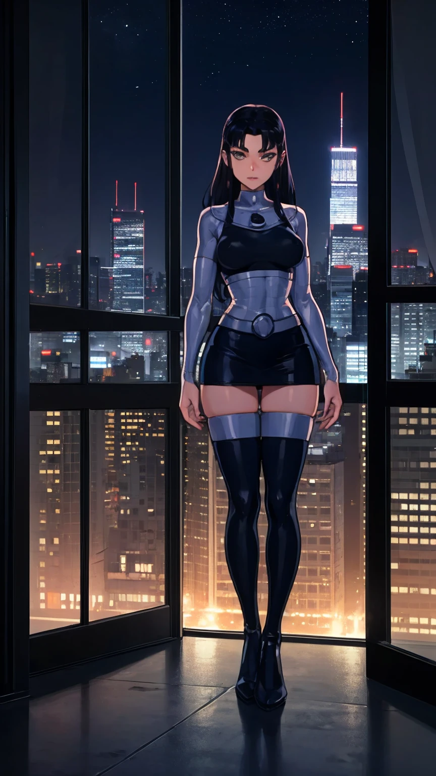 1girl, city backdrop, anime superhero, (leotard, gymnast_outfit leotard), boots, bracelets, hand on hip, medium breasts