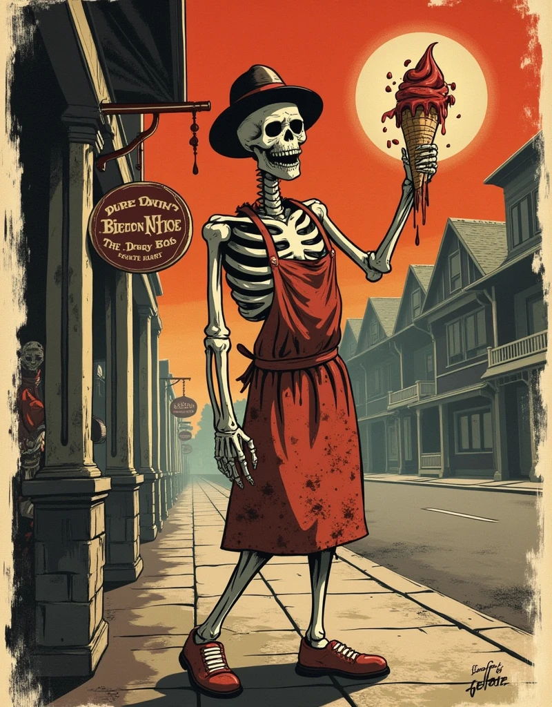 n a vintage 1940s comic book style, a solitary skeleton ice cream vendor stands in an abandoned shop. The skeleton wears a dirty apron and a worn-out hat, holding a grotesque ice cream cone topped with a bloody eyeball. The color palette is composed of muted reds, beiges, and blacks, with halftone textures and a grainy, aged feel, as if printed on old, yellowed comic paper. Bold, thick outlines define the skeleton’s figure, with dramatic shadows and deep cross-hatching typical of vintage horror comics.

The scene captures the eerie atmosphere of a desolate street outside, under a washed-out orange sky. The background is minimal, fading into shadow to focus on the single character. The texture of the comic has subtle ink blots and imperfections to evoke the hand-drawn aesthetic. The skeleton’s figure is detailed with exaggerated, expressive features, emphasizing the grotesque nature of the ice cream and the macabre, retro horror vibe. The image focuses entirely on the eerie presence of the skeleton vendor, standing alone in this unsettling, vintage comic-style world.