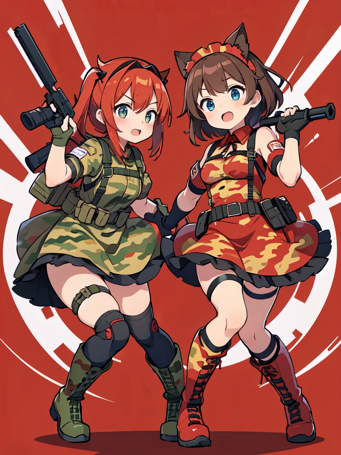 ((red camouflage)), (1girl), tactical maid, tactical clothes red camouflage, tactical, tactical equipment, Tactical boots, tactical straps, tactical knife, tactical fingerless gloves, tactical harness, diadema de comunicaciones, maid battle, tactical thigh belt, ankle sheath, anime maid, tactical joint protections, Knee Pads and Elbow Pads Tactical Protection, dynamic pose, full body, athletic body, military straps, red camouflage uniform, red camouflage maid clothes, maid red camouflage dress, red command