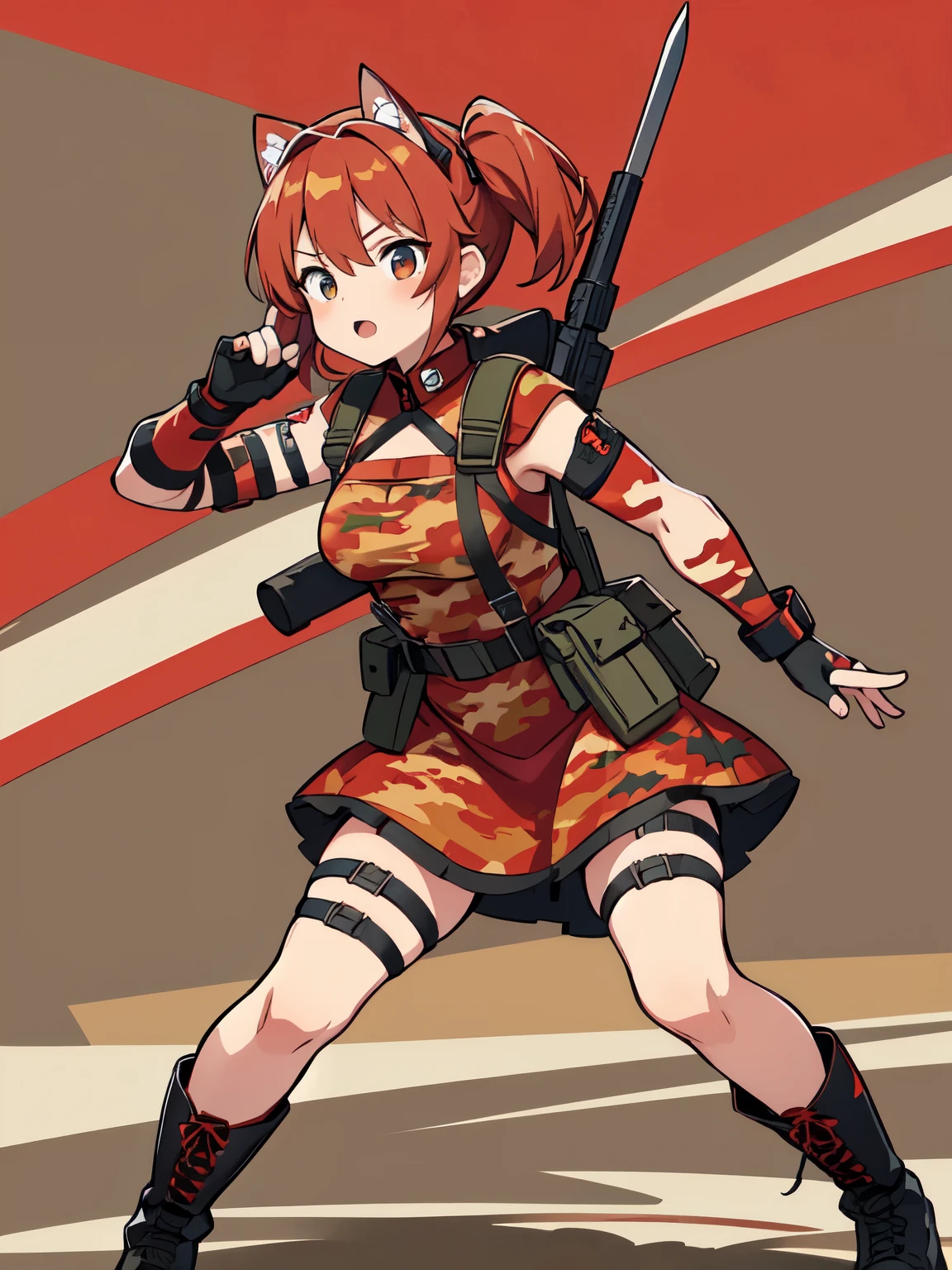 ((red camouflage)), (1girl), tactical maid, tactical clothes red camouflage, tactical, tactical equipment, Tactical boots, tactical straps, tactical knife, tactical fingerless gloves, tactical harness, diadema de comunicaciones, maid battle, tactical thigh belt, ankle sheath, anime maid, tactical joint protections, Knee Pads and Elbow Pads Tactical Protection, dynamic pose, full body, athletic body, military straps, red camouflage uniform, red camouflage maid clothes, maid red camouflage dress, red command