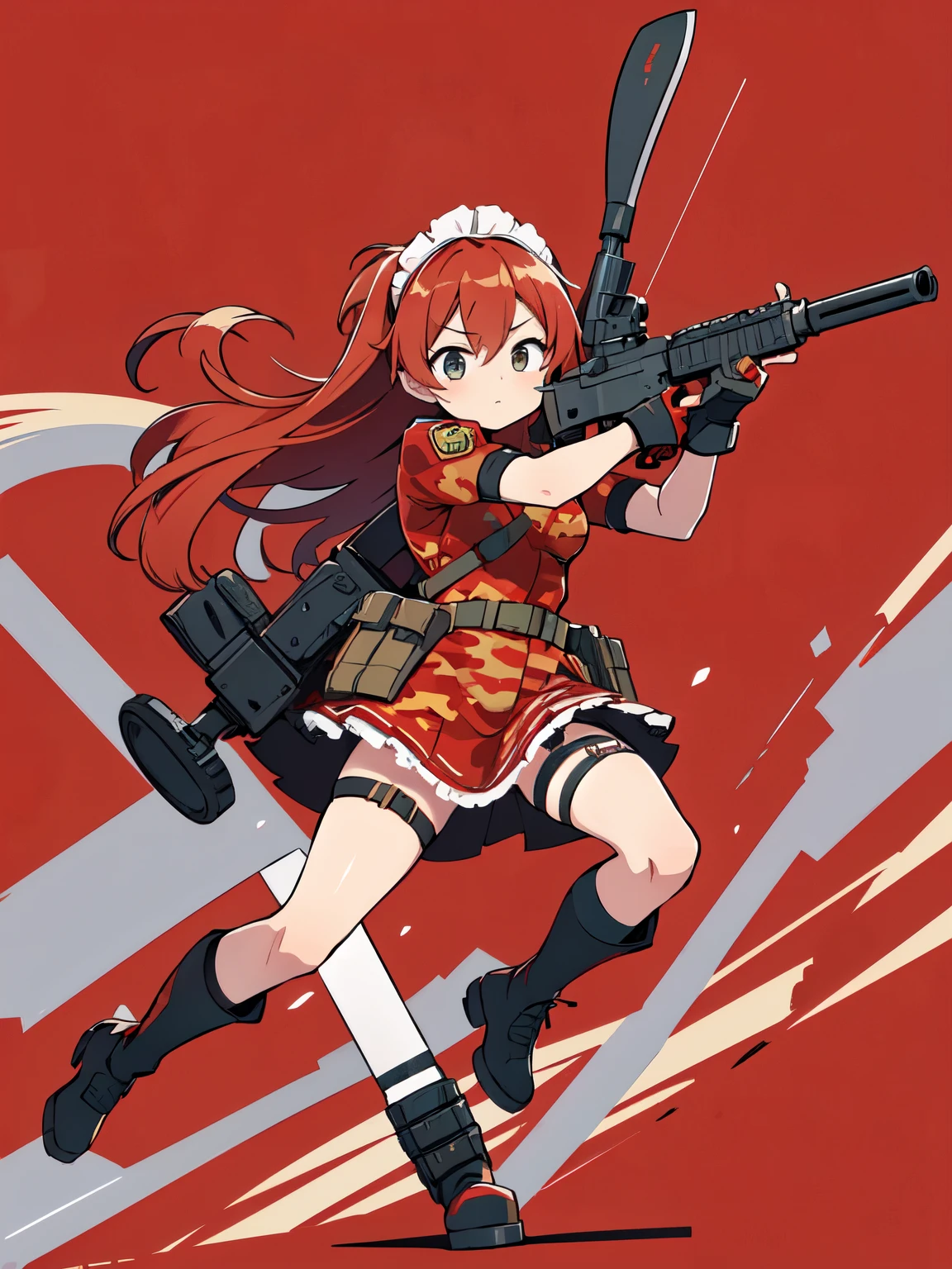 ((red camouflage)), (1girl), tactical maid, tactical clothes red camouflage, tactical, tactical equipment, Tactical boots, tactical straps, tactical knife, tactical fingerless gloves, tactical harness, diadema de comunicaciones, maid battle, tactical thigh belt, ankle sheath, anime maid, tactical joint protections, Knee Pads and Elbow Pads Tactical Protection, dynamic pose, full body, athletic body, military straps, red camouflage uniform, red camouflage maid clothes, maid red camouflage dress, red command