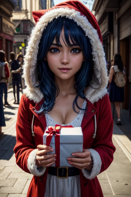 Yoshino, a young and beautiful girl, detailed facial features, delicate skin, medium hair, hair between her eyes, dark blue hair, bright eyes, long eyelashes, blue eyes, light smile, medium breasts, bright skin, perfect anatomy. Behold the viewer, Santa's red coat, hooded coat, black bow, white dress, holding a gift, complex textures, vibrant colors, surrealistic atmosphere, realistic quality, high resolution, hyper-detailed, natural lighting, physically based rendering, art professional digital, hyperrealistic portrait, cinematic lighting, photorealistic, masterpiece, best quality, 8k