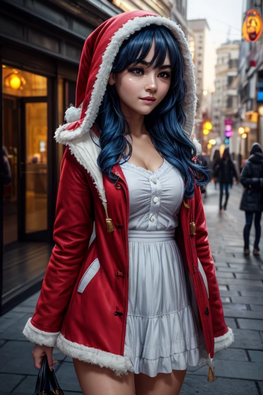 Yoshino, a young and beautiful girl, detailed facial features, delicate skin, medium hair, hair between her eyes, dark blue hair, bright eyes, long eyelashes, blue eyes, light smile, medium breasts, bright skin, perfect anatomy. Behold the viewer, Santa's red coat, hooded coat, black bow, white dress, holding a gift, complex textures, vibrant colors, surrealistic atmosphere, realistic quality, high resolution, hyper-detailed, natural lighting, physically based rendering, art professional digital, hyperrealistic portrait, cinematic lighting, photorealistic, masterpiece, best quality, 8k