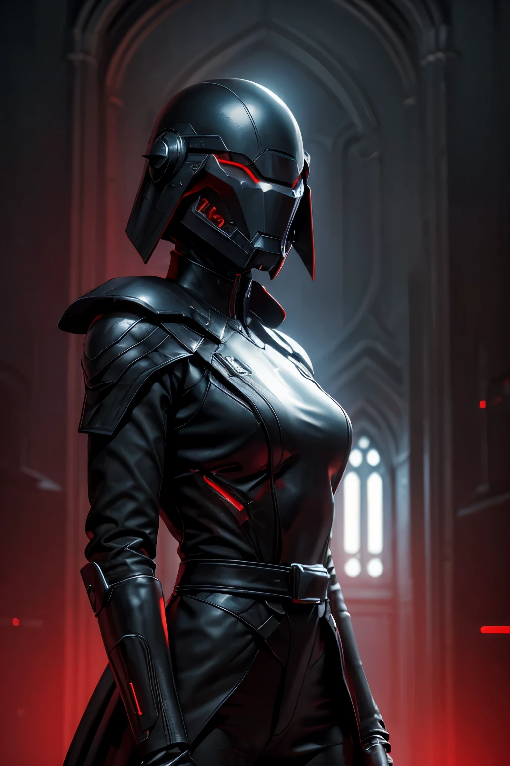 A young woman. She wears a dark Inquisitor outfit, including helmet with sharp edges and red visor, black armor with sharp, angular shoulder guards, and red accents along her chest piece and arms. Over her eyes is a black, fabric blindfold, adding a haunting yet mysterious touch. She stands on the sleek, metallic floor of a sci-fi Inquisitor citadel, with dark walls lined by red and silver lights that create an ominous glow. In the background, towering, futuristic spires rise, and dim red lighting casts sharp shadows, enhancing the intimidating, powerful atmosphere. The overall scene has a dark, intense color palette, with dramatic lighting for a cinematic, imposing look.