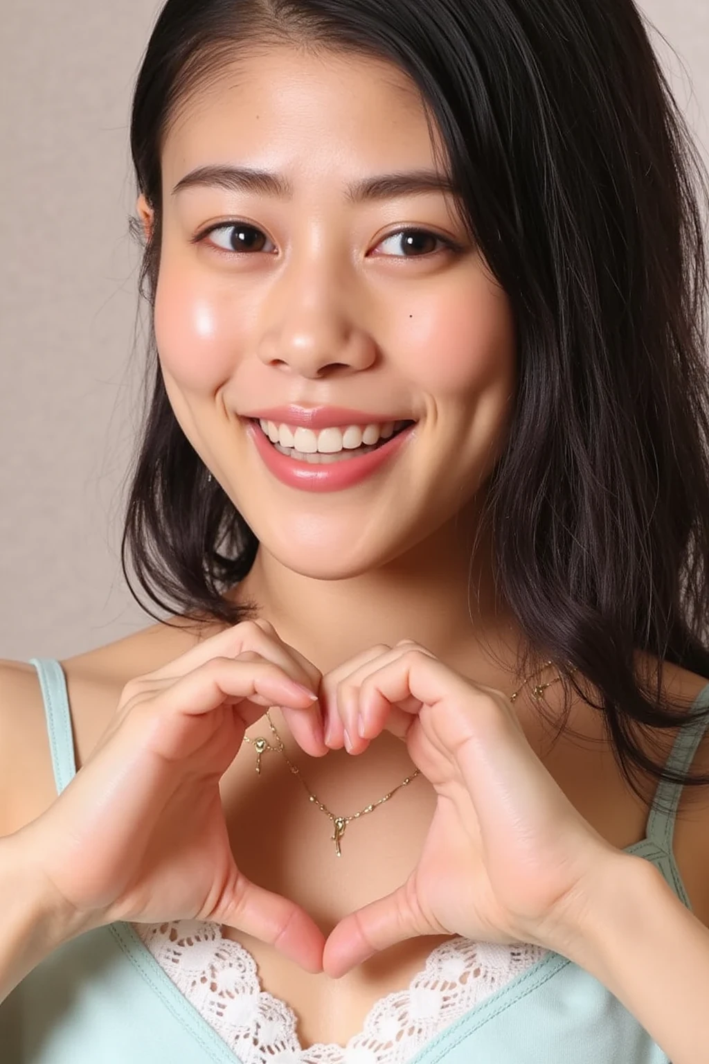 She is in a pose wearing a sexy camisole, making a firm big heart shape with both hands, and holding it in front of her chest, Close-up of a smiling face

