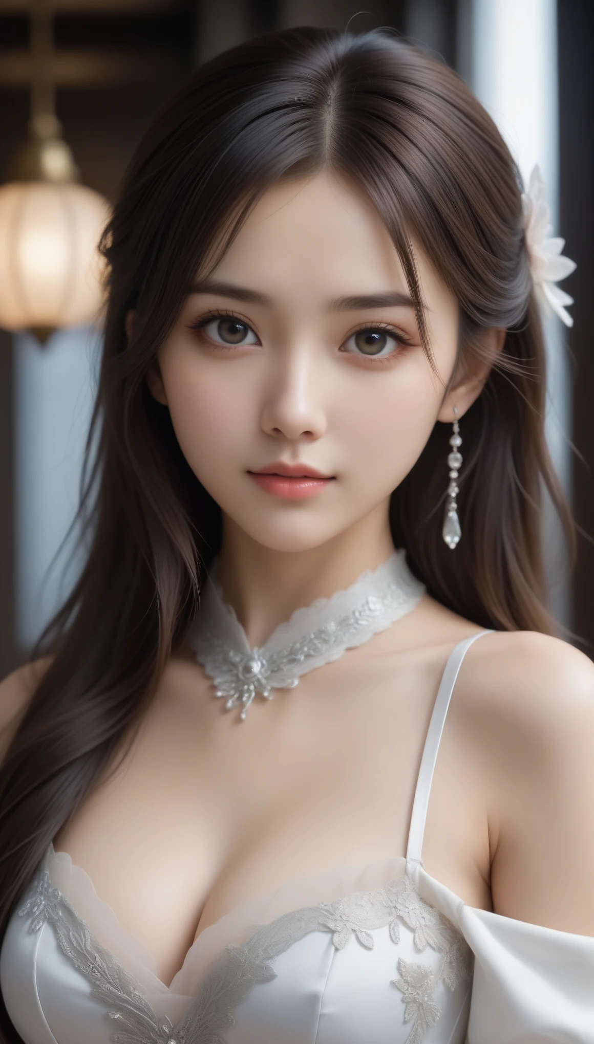 8k, ultra high resolution, Best Quality, masterpiece, 三分割法によるphotograph, surreal,photograph,One Woman,(Girl:1.3),cute,cute顔, 細部まで beautiful eyes, 細かく Detailsに,masterpiece,一人のGirl:1.2, Japanese women,princess,upper body,smile,Black Straight Long hair,ID photo,future,Brutal Cyberpunk Woman,Luxurious and gorgeous,Gray background,((Beautiful Victorian dresses:1.5)),Flashy Fashion,Lavish Decoration,(BDSM Mistress),(Cute girl),(Upper class lady:1.5),Expressions of despair,Dark and atmospheric lighting, Delicate Details, Detailsな顔,anger,Attractive eyes,(ポートレートphotograph:1.4),( photorealistic images :1.4), Fantasy Art,(Beautiful Face:1.4),美しくAttractive eyes、 beautiful eyes,Silver Remaining,(Tight waist:1.4)、(Beautiful with perfect body proportions:1.4), Pink Lips,profile,(((Ideal body type))),A cup small bust :2,、Portraiture:2、 perfect anatomy、鮮明な Details、 Details,Thin lips,完璧でBeautiful Face ,完璧でcute顔, Detailed Skin , Perfect limbs、 Thin Waist, surreal,Light and Shadow,glowing