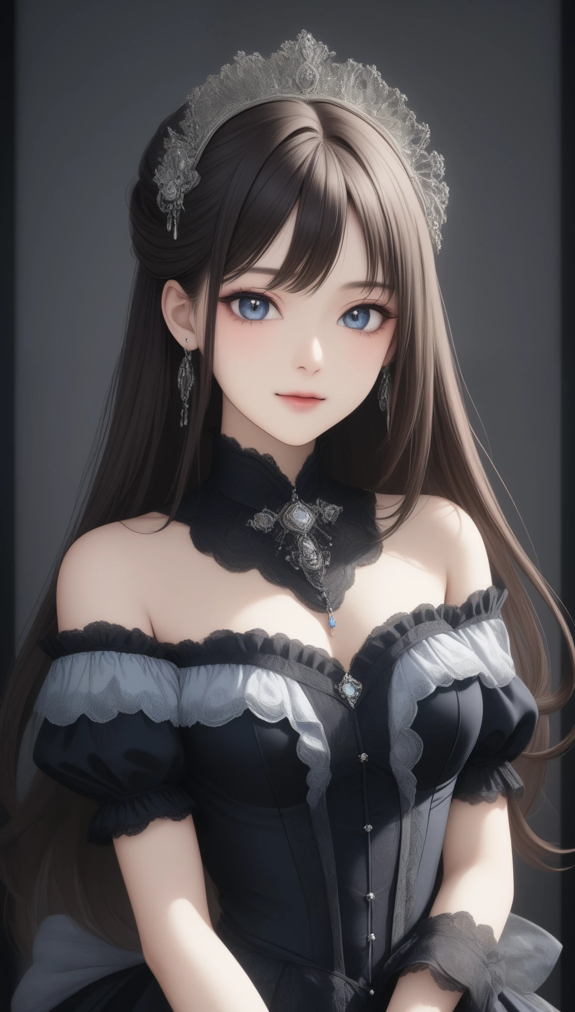 8k, ultra high resolution, Best Quality, masterpiece, 三分割法によるphotograph, surreal,photograph,One Woman,(Girl:1.3),cute,cute顔, 細部まで beautiful eyes, 細かく Detailsに,masterpiece,一人のGirl:1.2, Japanese women,princess,upper body,smile,Black Straight Long hair,ID photo,future,Brutal Cyberpunk Woman,Luxurious and gorgeous,Gray background,((Beautiful Victorian dresses:1.5)),Flashy Fashion,Lavish Decoration,(BDSM Mistress),(Cute girl),(Upper class lady:1.5),Expressions of despair,Dark and atmospheric lighting, Delicate Details, Detailsな顔,anger,Attractive eyes,(ポートレートphotograph:1.4),( photorealistic images :1.4), Fantasy Art,(Beautiful Face:1.4),美しくAttractive eyes、 beautiful eyes,Silver Remaining,(Tight waist:1.4)、(Beautiful with perfect body proportions:1.4), Pink Lips,profile,(((Ideal body type))),A cup small bust :2,、Portraiture:2、 perfect anatomy、鮮明な Details、 Details,Thin lips,完璧でBeautiful Face ,完璧でcute顔, Detailed Skin , Perfect limbs、 Thin Waist, surreal,Light and Shadow,glowing
