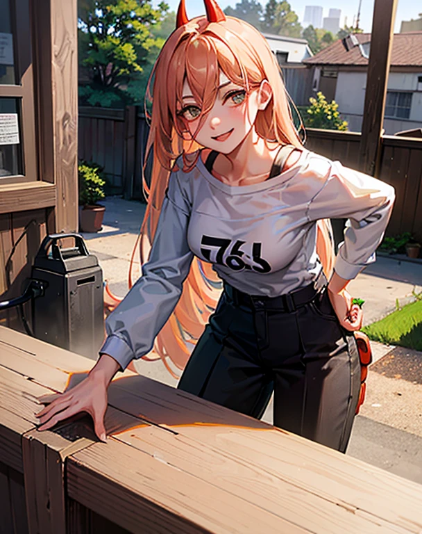 masterpiece, highly detailed, Best quality, ultra high res, 1girl,  (76-1Shirt:1.2),  horns, long hair, looking at viewer, medium breasts,  outdoor, power (chainsaw man), Strapless, smile, bent over, 76 shirt, day