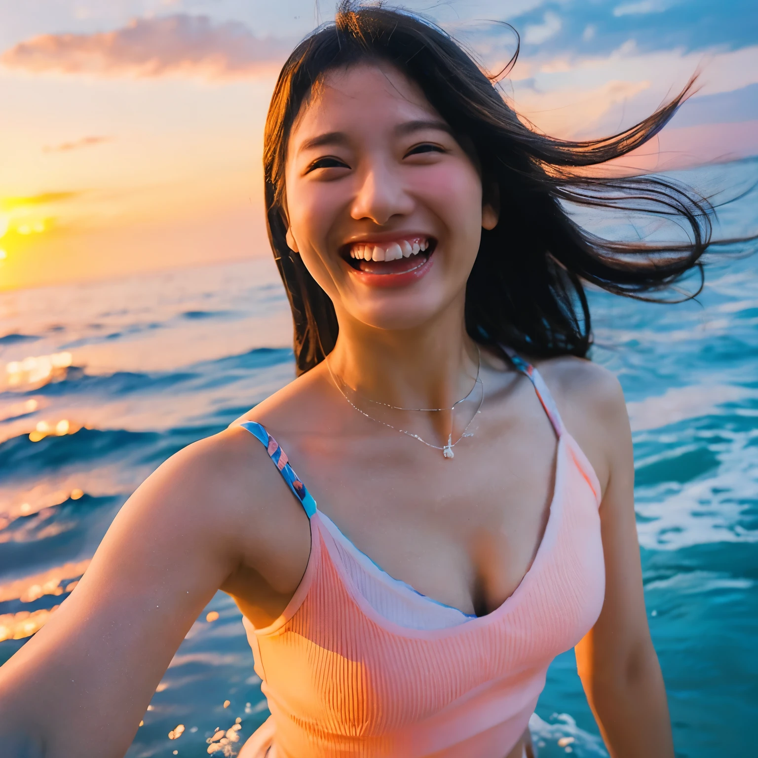 Realistic、Real adult women 、surfing、The sea highlights the sunset、Laugh sexy、Chest enhancement、Face Real