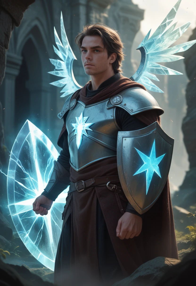 large energy shield in the left hand, clean energy shield, crystals, Fantasy, energy, Dark Character, game