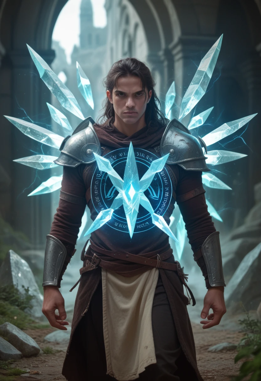 large energy shield in the left hand, clean energy shield, crystals, Fantasy, energy, Dark Character, game