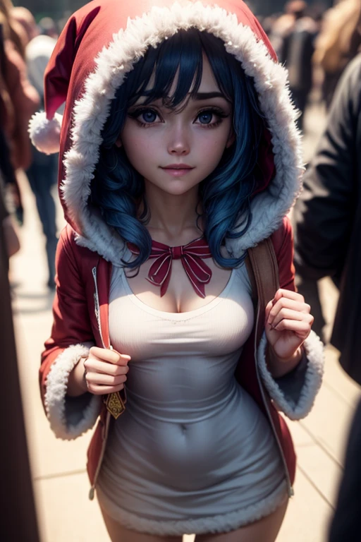 1 girl, Yoshino, medium hair, hair over eyes, dark blue hair, bright eyes, colored eyelashes, blue eyes, light smile, medium breasts, red Santa Claus coat, hooded coat, black bow, white dress, holding a present, looking at viewer, drop shadow, glare, high resolution, cinematic lighting, hyperrealism, high detail, high detail, masterpiece, best quality, 4k, 8k, anatomically correct, accurate, textured skin, high quality, award winning