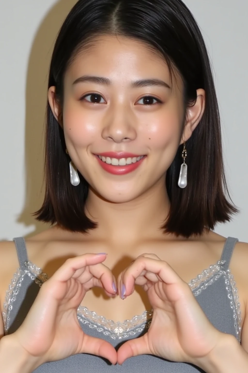 She is in a pose wearing a sexy camisole, making a firm big heart shape with both hands, and holding it in front of her chest, Close-up of a smiling face

