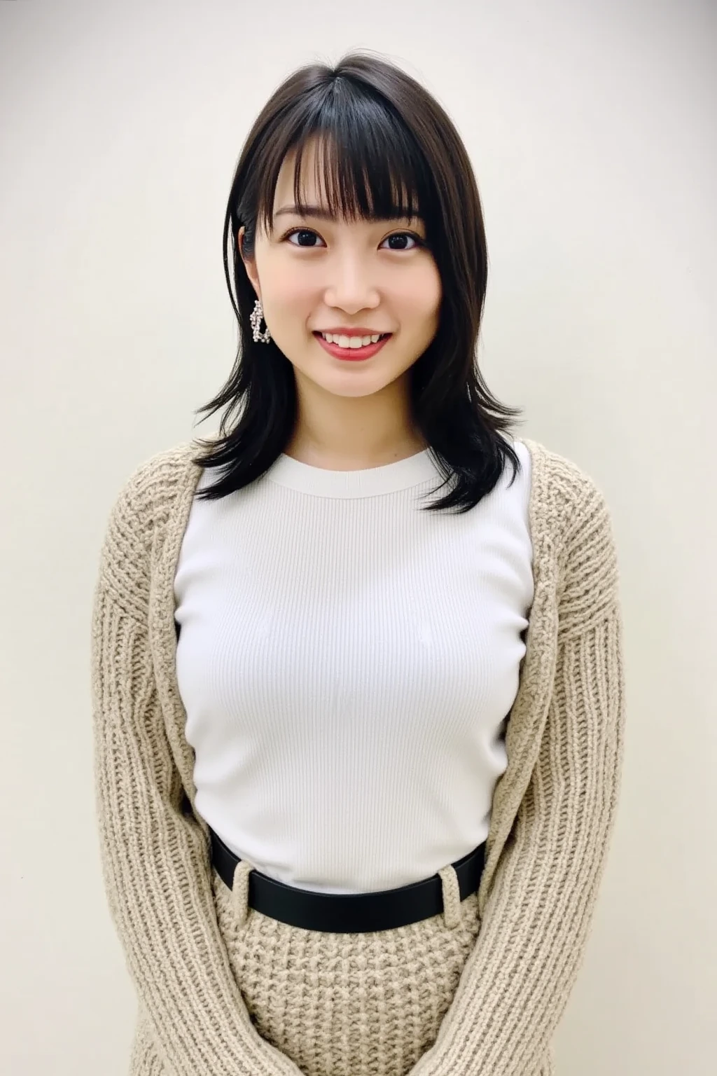 best quality, ultra high res, realistic, (white background:1.8), looking at viewer, medium hair, closed mouth, smile