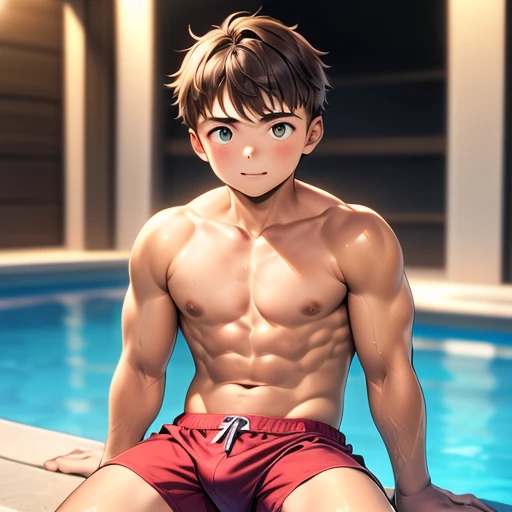 A young teen boy sitting on a poolside, m, wearing tight thin swim trunks, no shirt on, no top on, defined muscles, brown hair.great quality image, best quality, masterpiece, clear image