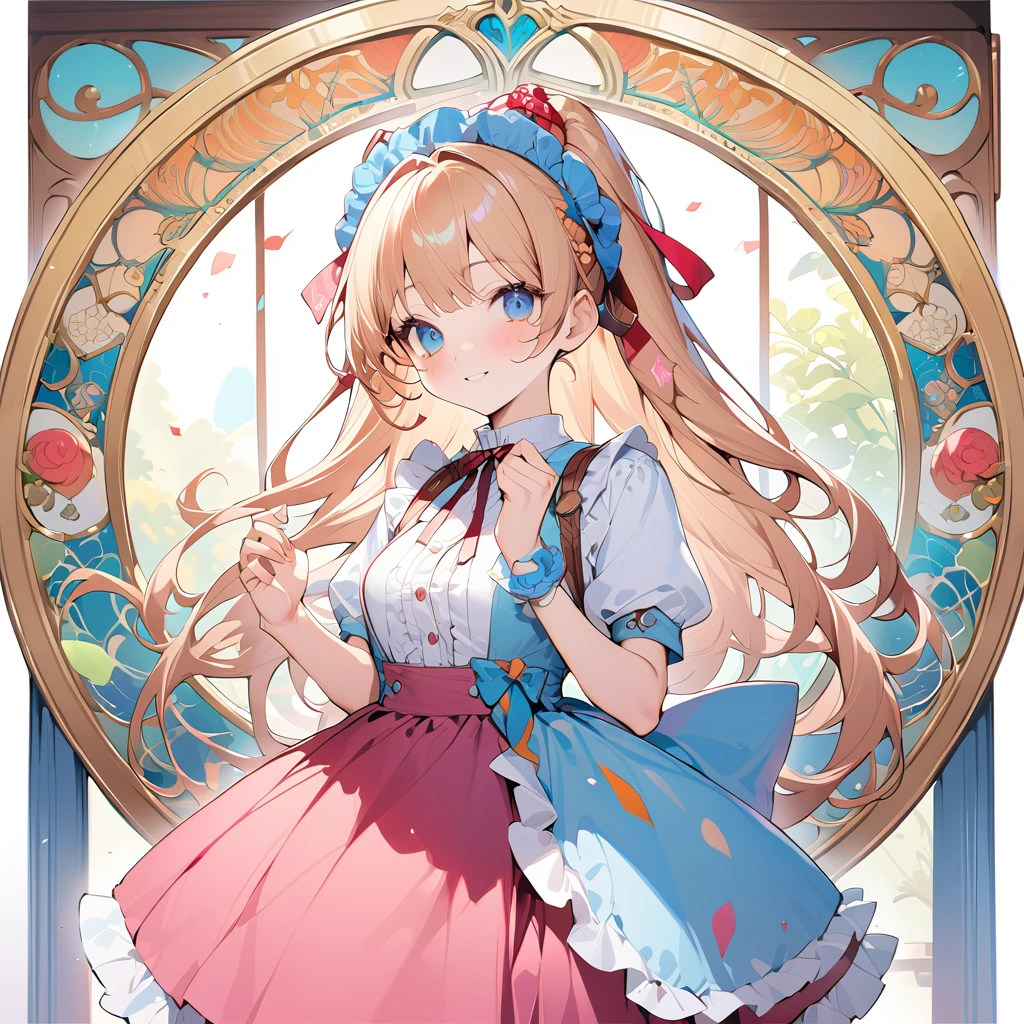 masterpiece, Best Quality,  very detailed , 16k,  ultra high resolution ,  cowboy shot of a man,  Alice in Wonderland , (Art Nouveau:1.5), , Detailed face, smile,  blue eyes ,blonde, Long Hair, Ribbon on head, Blue clothes, white apron, In a room with a big clock