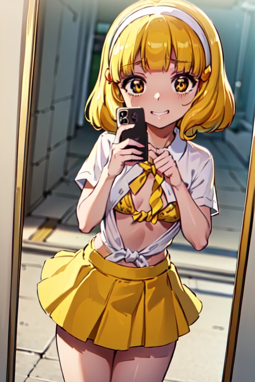 (((masterpiece,best quality,absurdres,8K,perfect body))),((yayoi kise, short hair, blonde hair, (yellow eyes:1.3), hairband, white hairband,)),((tied shirt,open clothes,bikini,skirt)),((skirtlift)),((evil grin)),((selfie)),(())
