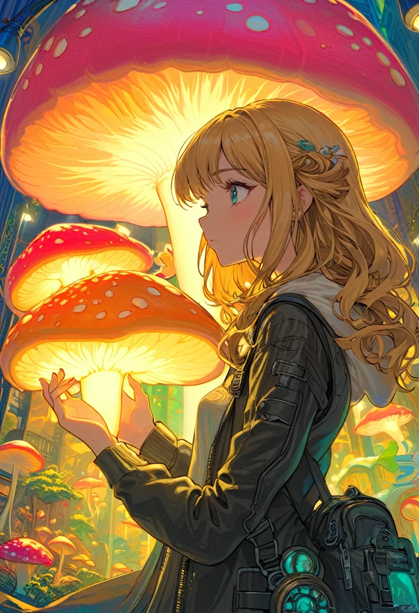 a beautiful naked 20 year old nude blonde woman with big messy hair, holding a glowing mushroom, fantasy art style, cartoon vibrant, alice in wonderland cyberpunk, cute detailed digital art, masterpiece, highly detailed.