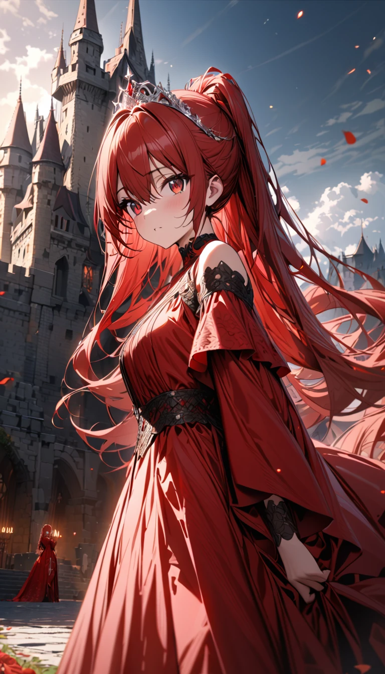 Girl with red eyes,  red ponytail hair ,  standing near the castle wearing a tiara 見事な赤いガウン , Stunning red gown standing near the castle ,  standing near the castle wearing a tiara , Super detailed, high quality