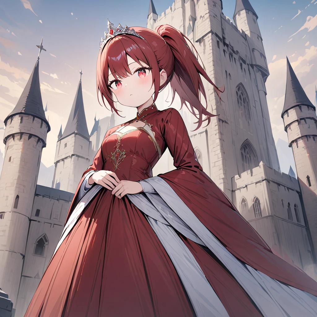 Girl with red eyes,  red ponytail hair ,  standing near the castle wearing a tiara 見事な赤いガウン , Stunning red gown standing near the castle ,  standing near the castle wearing a tiara , Super detailed, high quality