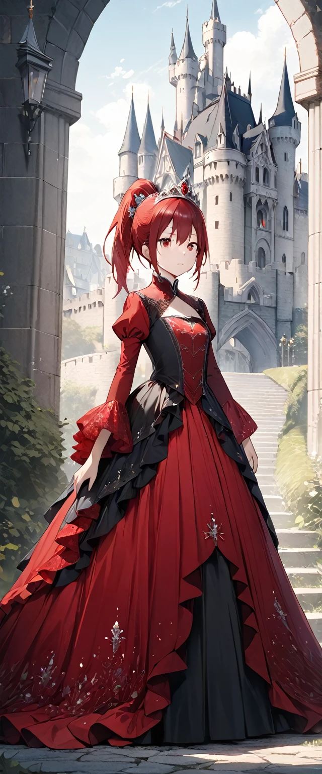 Girl with red eyes,  red ponytail hair ,  standing near the castle wearing a tiara 見事な赤いガウン , Stunning red gown standing near the castle ,  standing near the castle wearing a tiara , Super detailed, high quality