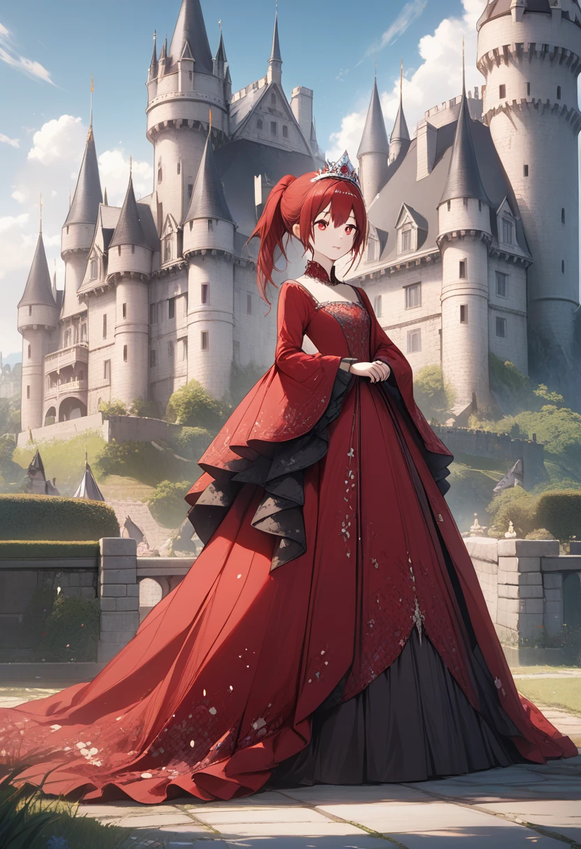 Girl with red eyes,  red ponytail hair ,  standing near the castle wearing a tiara 見事な赤いガウン , Stunning red gown standing near the castle ,  standing near the castle wearing a tiara , Super detailed, high quality