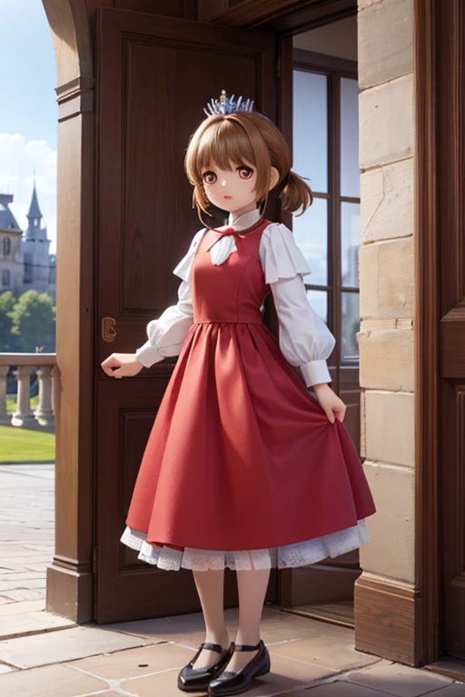 Girl with red eyes,  red ponytail hair ,  standing near the castle wearing a tiara 見事な赤いガウン , Stunning red gown standing near the castle ,  standing near the castle wearing a tiara , Super detailed, high quality