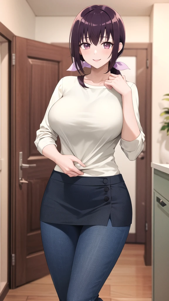 masterpiece, best quality, highres, hi1, purple hair,  purple eyes, large breasts, hair bow, skirt, pants, white shirt, cowboy shot, smile, indoors