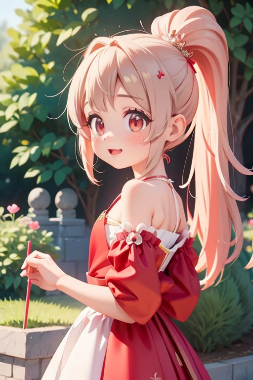 Girl with red eyes,  red ponytail hair ,  standing near the castle wearing a tiara 見事な赤いガウン , Stunning red gown standing near the castle ,  standing near the castle wearing a tiara , Super detailed, high quality