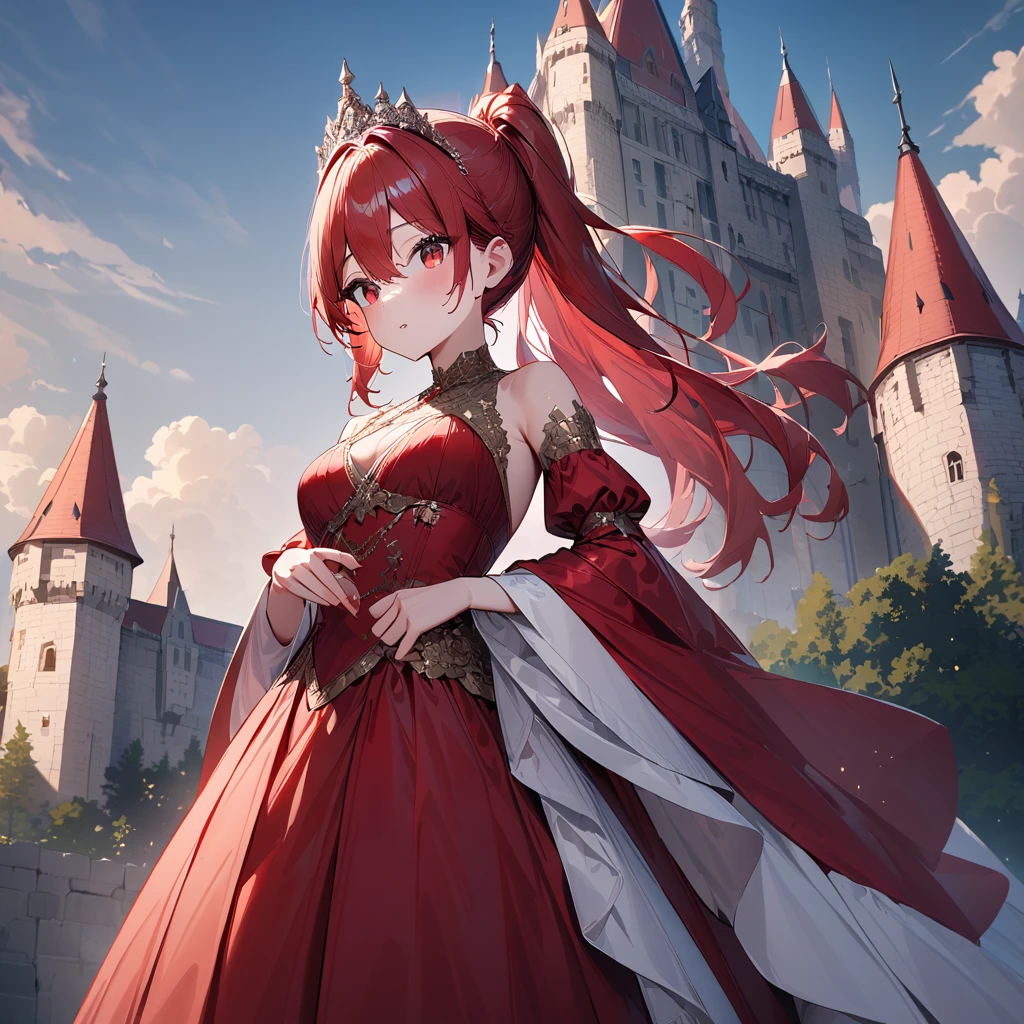 Girl with red eyes,  red ponytail hair ,  standing near the castle wearing a tiara 見事な赤いガウン , Stunning red gown standing near the castle ,  standing near the castle wearing a tiara , Super detailed, high quality