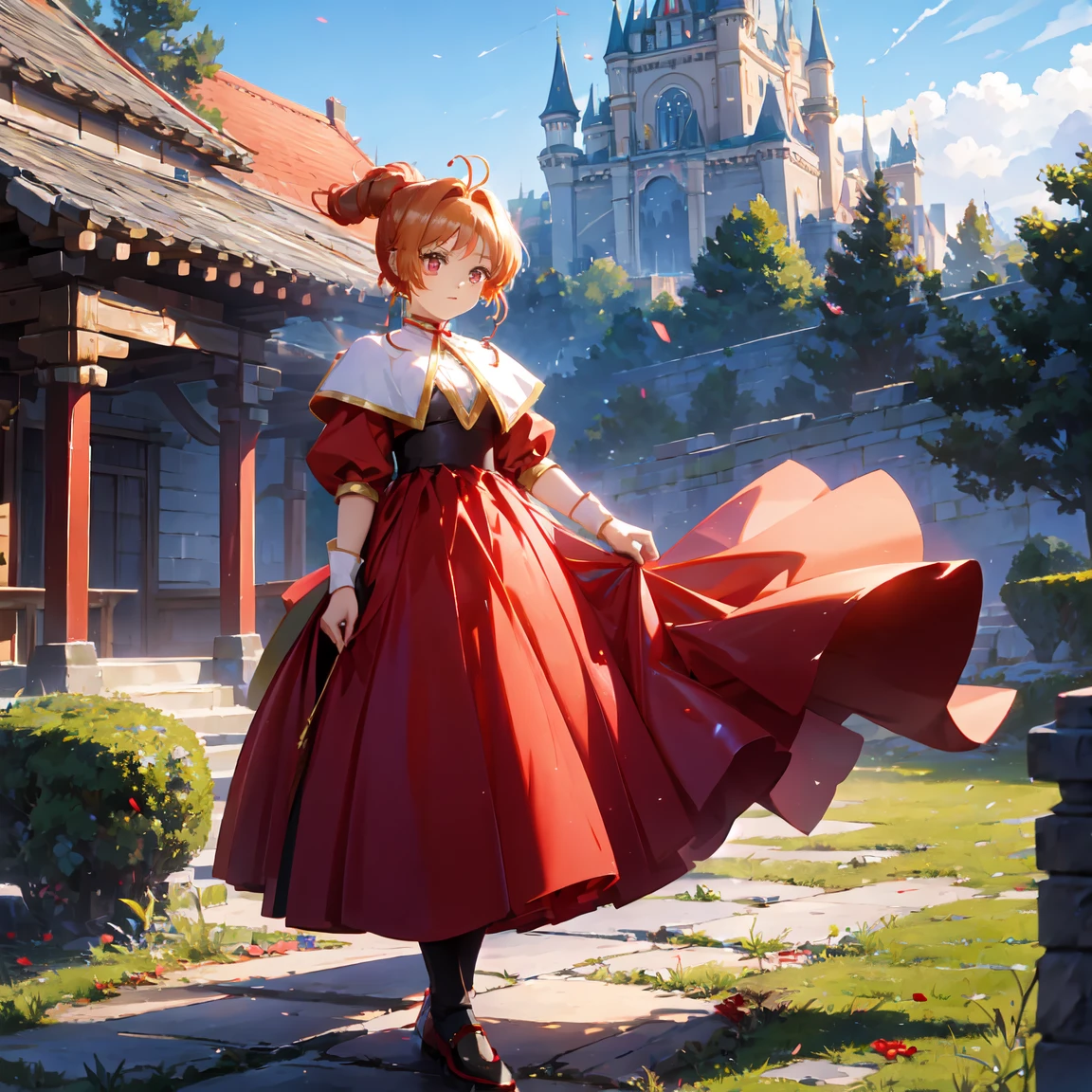 Girl with red eyes,  red ponytail hair ,  standing near the castle wearing a tiara 見事な赤いガウン , Stunning red gown standing near the castle ,  standing near the castle wearing a tiara , Super detailed, high quality