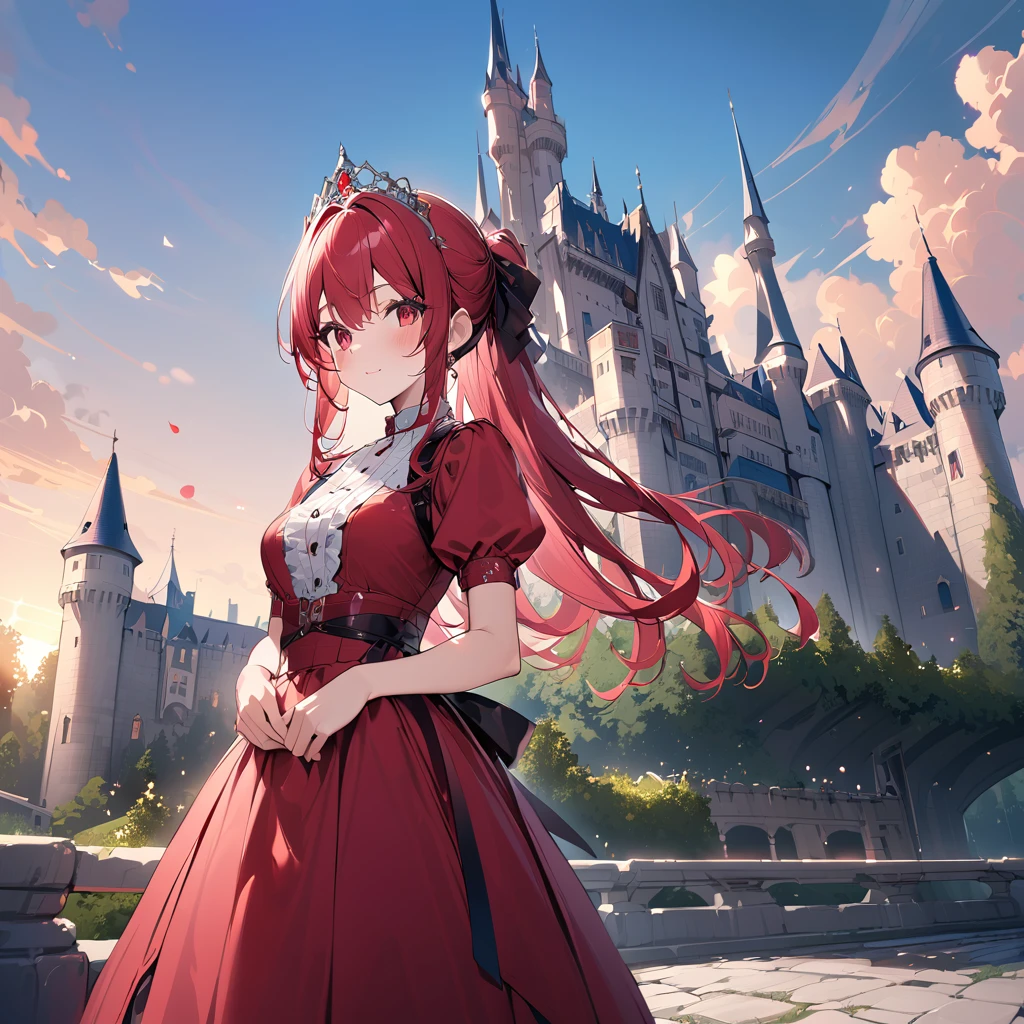 Girl with red eyes,  red ponytail hair ,  standing near the castle wearing a tiara 見事な赤いガウン , Stunning red gown standing near the castle ,  standing near the castle wearing a tiara , Super detailed, high quality