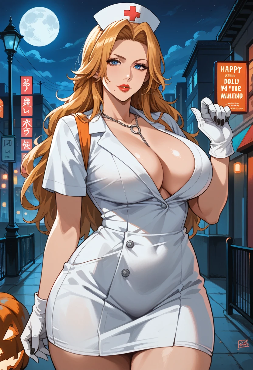  score_9, score_8_up, score_7_up, score_6_up, source_anime, happy, smilling, pumkin. blonde hair, (((long hair))), defran, long hair, orange hair, blue eyes, mole under mouth, necklace, large breasts,, red lipstick, mature female, pants, nurse cap, large breasts, black nails, nurse costume. legwear, zettai ryouiki)), white gloves,solo, 1girl, looking at viewer, cowboy shot, front view, curvaceous figure. (wide hips:1.5), (wide thighs:1.5),, buildings, (mature body), perfect eyes, front view, nail polish, (perfect hands), masterpiece, high quality, 1girl, mature woman, milf, makeup, thick red lips, detail face, hourglass body, curvy body, perfect huge round breast, wide hips, thick thighs, (((night))), looking at viewer, neon lights, magenta lights, cyan lights, halloween pumpkin, halloween, night, looking at viewer, modern city, outdoors, city street background, smooth, cinematic lighting, moon lighting, smooth, good_hands 