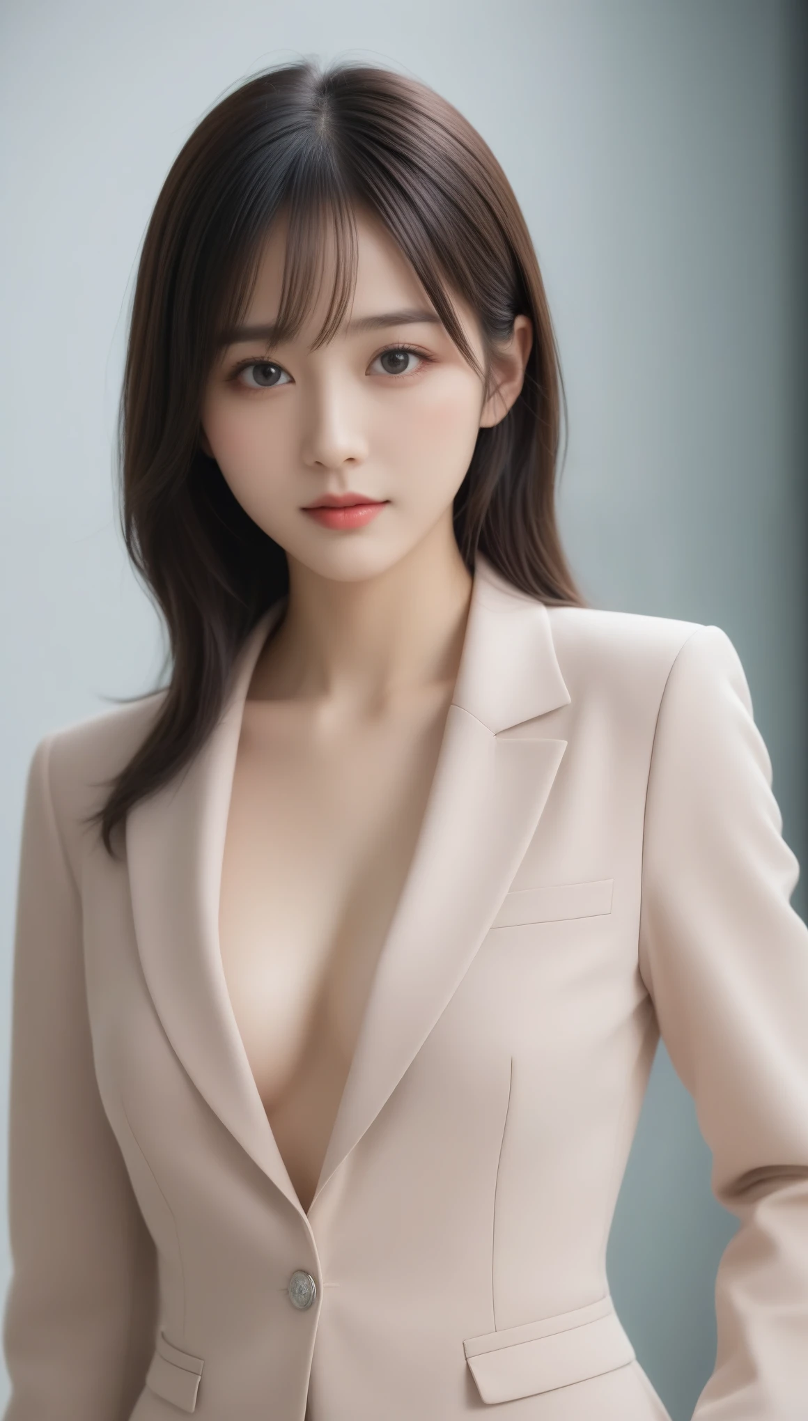 8k, masterpiece, RAW Photos, Highest quality, Realistic, extremely detailed CG unity 8k wallpaper, Depth of written boundary, Cinematic Light, Lens flare, Ray Tracing, (Very beautiful face, Beautiful Lips, Beautiful Eyes), Exquisitely detailed face, ((Highly detailed skin)) One girl, In the Dark, Deep Shadow, ((View your viewers)), (Blurred Background), (pretty girl), Clear Eyes, Extreme long shot, (Pale skin), Look forward, (Big eyes), Large Breasts, (masterpiece, Highest)), (One girl), Exciting face, wear a white suit with a deep neckline, whole body, Sitting in an office with a lot of paperwork in the background, boss.