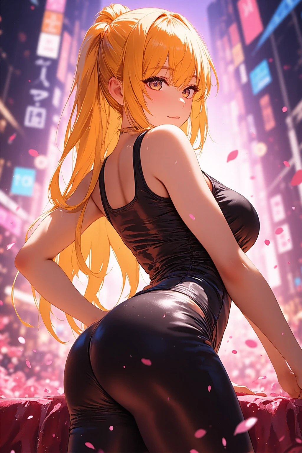 Japanese girl, (anime), manga, sexy, Latex,  sparkles, yellow orange Hair, posing, ((Glitter Dust)), dynamic shadows, masterpiece, bright colors, Shimmers, clear details, beautiful appearance, masterpiece, best quality, perfect anatomy, very aesthetic, official art, 8k, (((big tight round butt in viewer's face))), horny, sexual gaze, (((sideboob))), huge breasts, from behind, edgy graphic design, bunny ears
