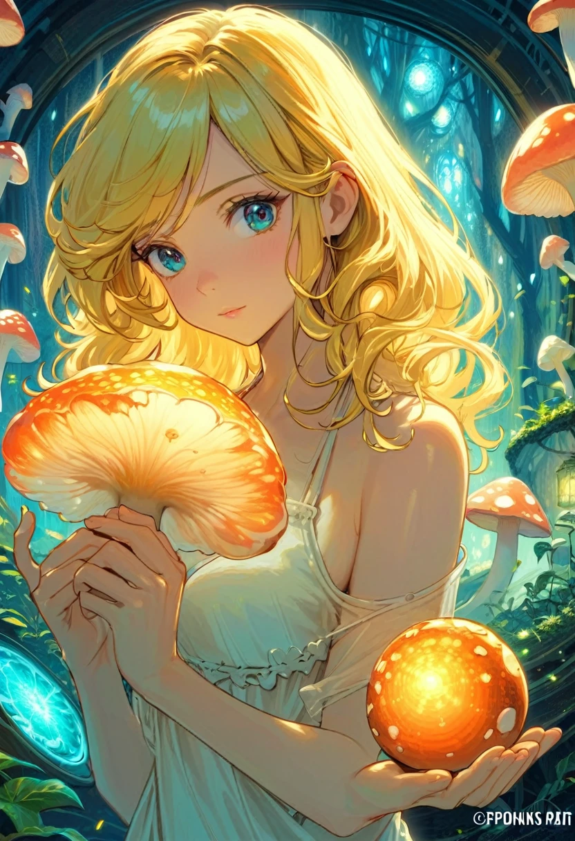 a beautiful naked 20 year old nude blonde woman with big messy hair, holding a glowing mushroom, fantasy art style, cartoon vibrant, alice in wonderland cyberpunk, cute detailed digital art, masterpiece, highly detailed.