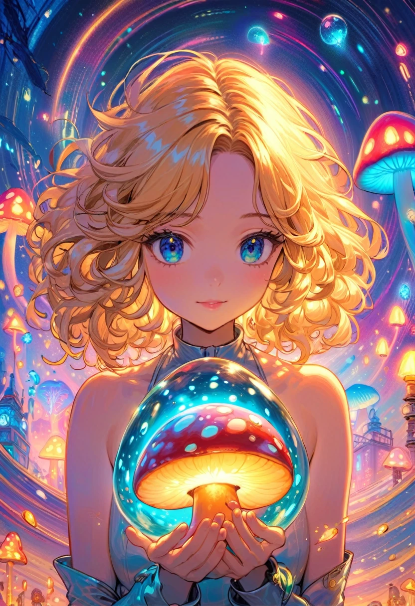 a beautiful naked 20 year old nude blonde woman with big messy hair, holding a glowing mushroom, fantasy art style, cartoon vibrant, alice in wonderland cyberpunk, cute detailed digital art, masterpiece, highly detailed.