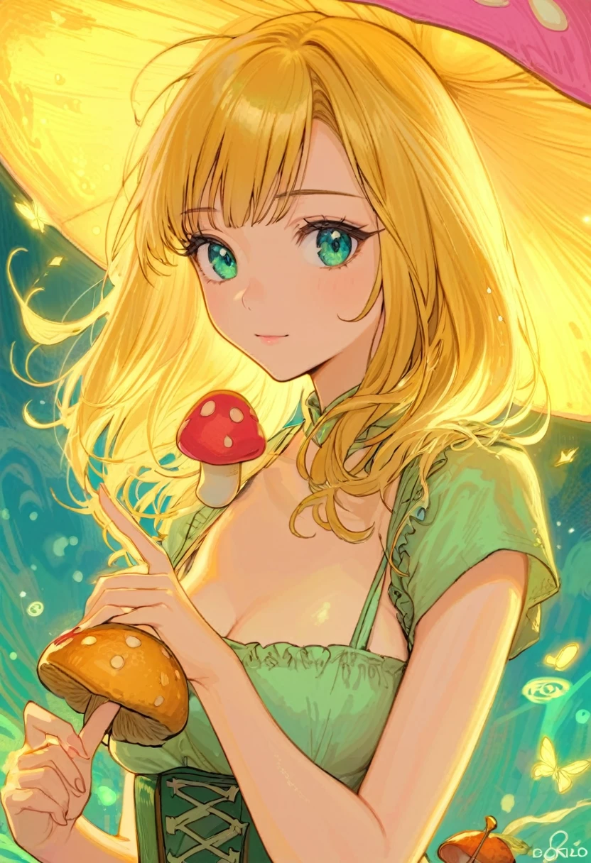 a beautiful naked 20 year old nude blonde woman with big messy hair, holding a glowing mushroom, fantasy art style, cartoon vibrant, alice in wonderland cyberpunk, cute detailed digital art, masterpiece, highly detailed.