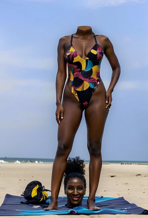  Live severed head of a 32-year-old Brazilian woman , height ratio 1 , 80 meters black skin  ( curly hair on the back of the neck ), (smiling expression), ( thick eyebrows ) (strong red lipstick), (outlined eyelashes)  on a beach towel  , 32-year-old Brazilian woman , natural black , (headless) (Pose: standing, shaking,  right arm lowered right forearm raised ) (wearing swimsuit  ,closed swimsuit, hollowed out of the crotch hang glider model with blue floral print ) ( body tattoos that refer to knowledge and longevity )  head severed in the palm on the beach towel )