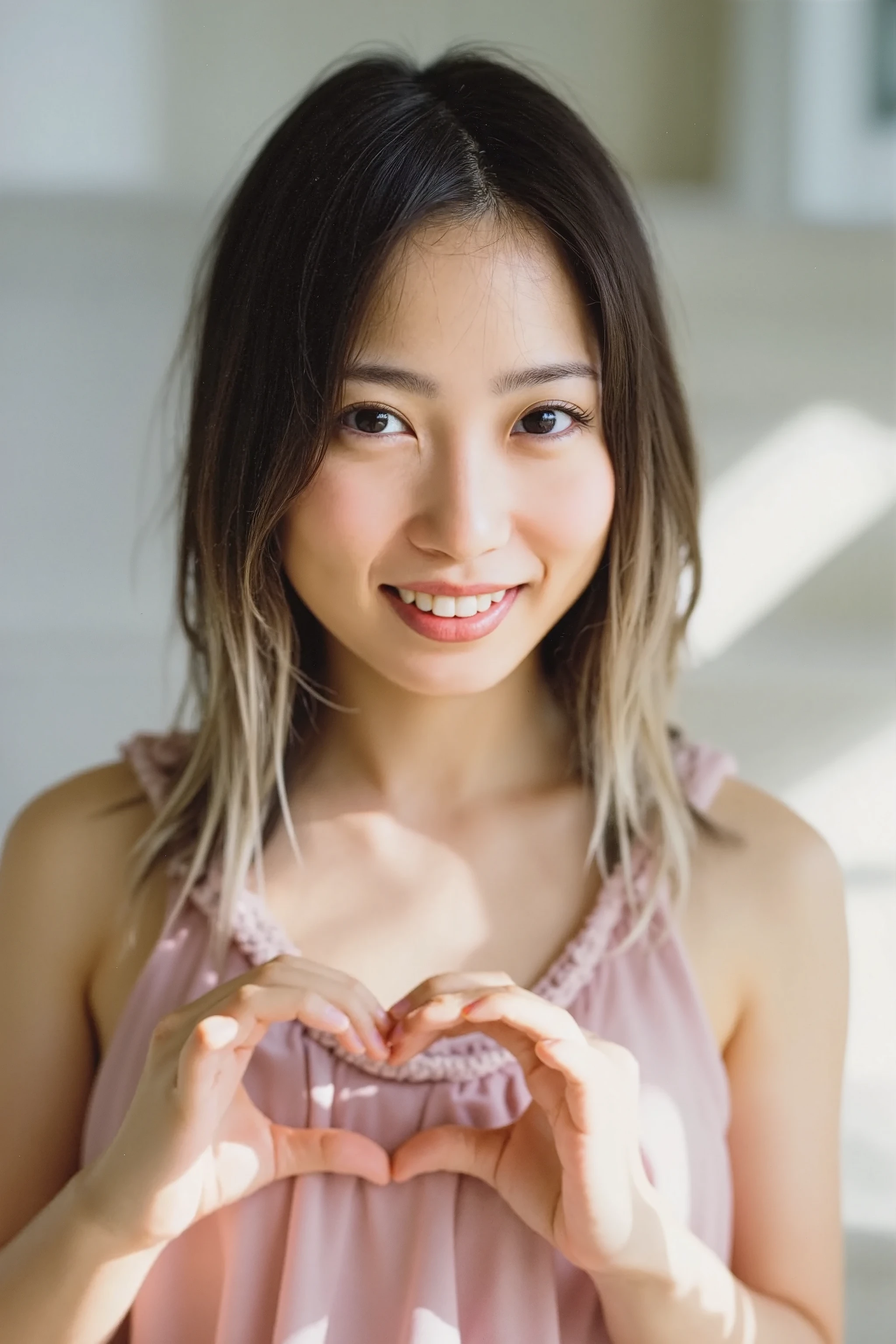 She is in a pose wearing a sexy camisole, making a firm big heart shape with both hands, and holding it in front of her chest, Close-up of a smiling face