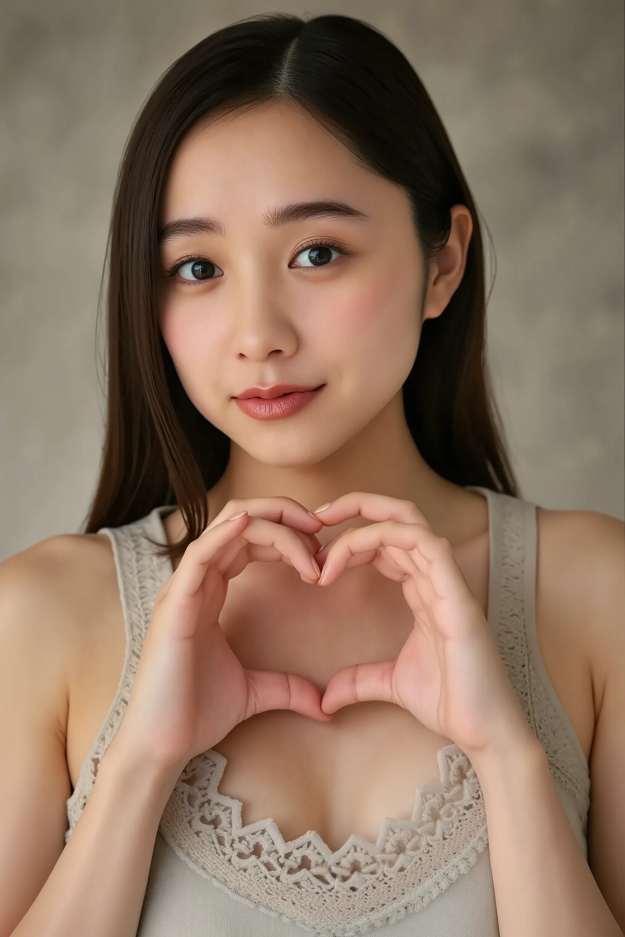 She is in a pose wearing a sexy camisole, making a firm big heart shape with both hands, and holding it in front of her chest, Close-up of a smiling face

