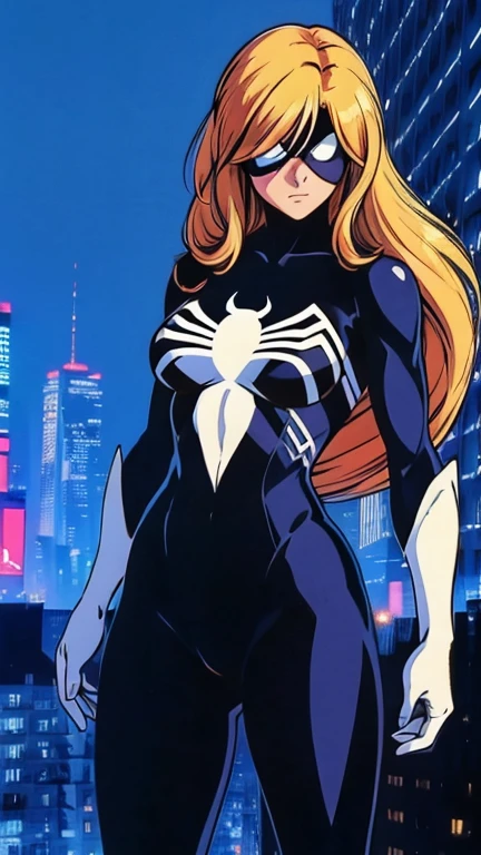 (1girl, spider-girl)), (extremely detailed CG unit 8k wallpaper),(master part), (best quality), (ultra detail), (best illustration),(1980s_style), cowboy shot, (Sharp eyeliner, ombre, detailed eyes:1), midnight, neon light city background, ,break , (city-scene-aso), long hair, bodysuit, skin tight, superhero, mask