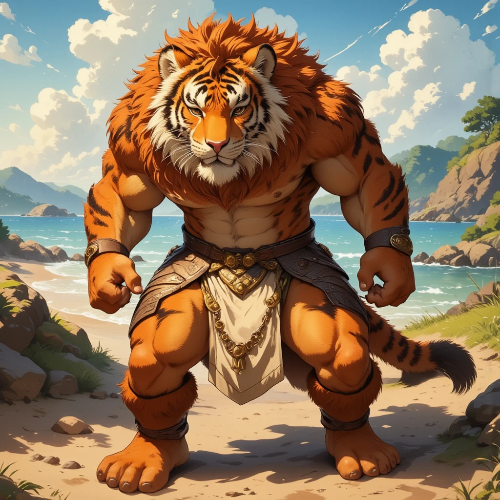 character focus, full body, looking away, various angle, european fantasy, a muscular middle-aged tiger man, heroic costume clothes, full armor, shirt, mantle, pants, dynamic pose, BREAK complete anatomy, perfect proportions, beautiful thigh gap, fluffy body, intricate fur details, beautiful fur texture, BREAK a detailed tiger tail, detailed boots, detailed foot, detailed hands, 5fingers, 5fingers nails, BREAK aesthetic anime face, insanity detailed face, male face, big face, square jawline, aesthetic anime eyes, detailed brown eyes, detailed brown cornea, detailed dark brown irises, detailed pupils, male eyes, big eyes, male eyebrows, innocent look, beautiful beard, BREAK full body in Michelangelo Buonarroti style, digital illustration anime, housamo style, detailed painting landscape, beach, path, outdoor, full color, HDR, BREAK masterpiece, official art, best quality, very aesthetic, absurdres, super fine illustration, great quality, BREAK noise reduction, very highres, large filesize, high quality, 32K, 8k wallpaper, dynamic lighting, BREAK insanity detailed, ultra detailed, intricate details, extremely detailed, detailed texture, an extremely delicate and beautiful, BREAK osukemo, e621 illustration, kemohomo, anthropomorphic, furry, cartoon, harmonious body, pastoral face, virtuous eyes, epic atmosphere