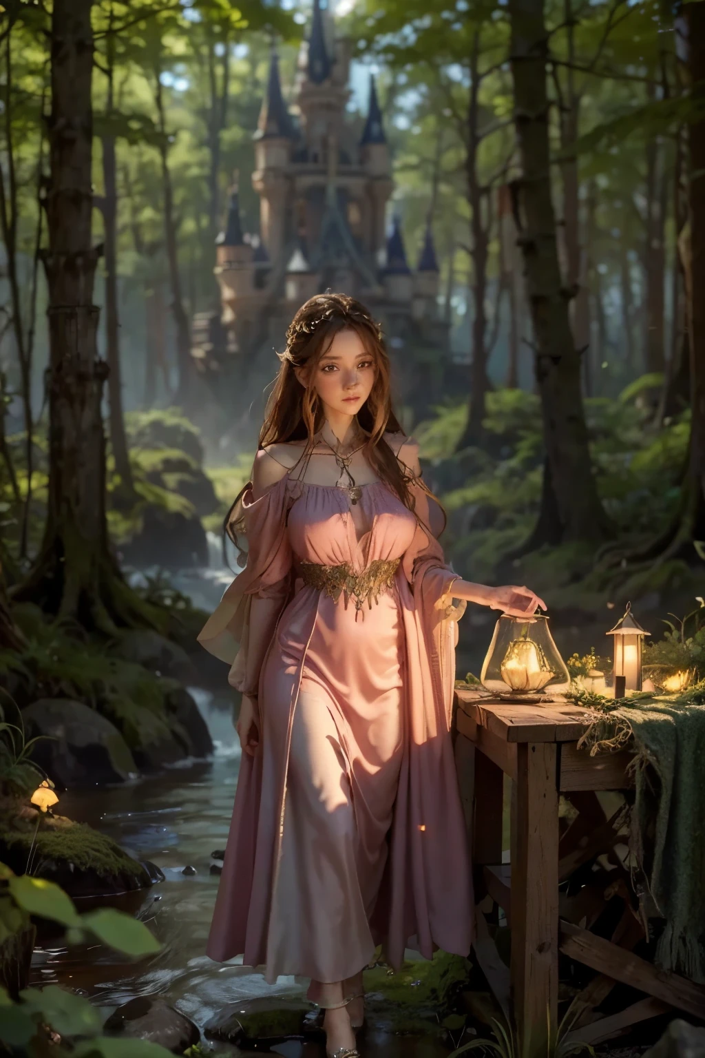 A dreamlike fantasy landscape, a surreal forest with glowing mushrooms, floating islands, and a whimsical castle in the distance, 1girl, detailed face, beautiful eyes, long hair, detailed dress, walking through the mystical scenery, (best quality,4k,8k,highres,masterpiece:1.2),ultra-detailed,(realistic,photorealistic,photo-realistic:1.37),fantasy,surreal,dreamscape,magical,ethereal,glowing,vibrant colors,dramatic lighting