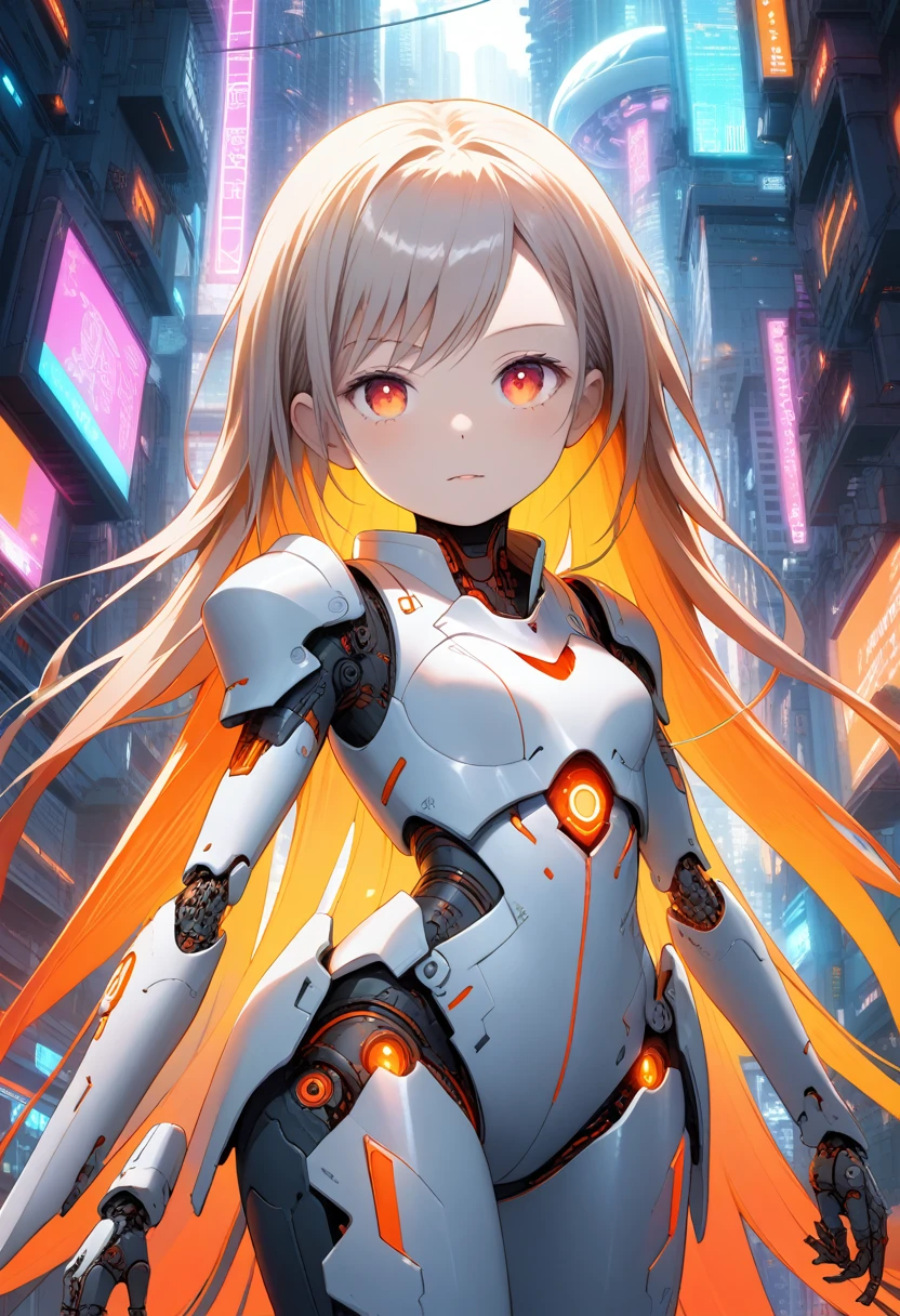  complicated details,  1 girl, Knight , (Bright neon colors), (( fly over a futuristic cyberpunk city)),  detailed background , (Petite cyborg girl, ((Cute perfect face, Glowing red eyes)), ( perfect anatomy,  firm chest), (Super long hair with orange and white gradients ,  hair blown in the wind  )), Impossible Detailed Ribbed Bodysuit ,  shoulder armor , Cybernetic limbs,  Dynamic Angle,