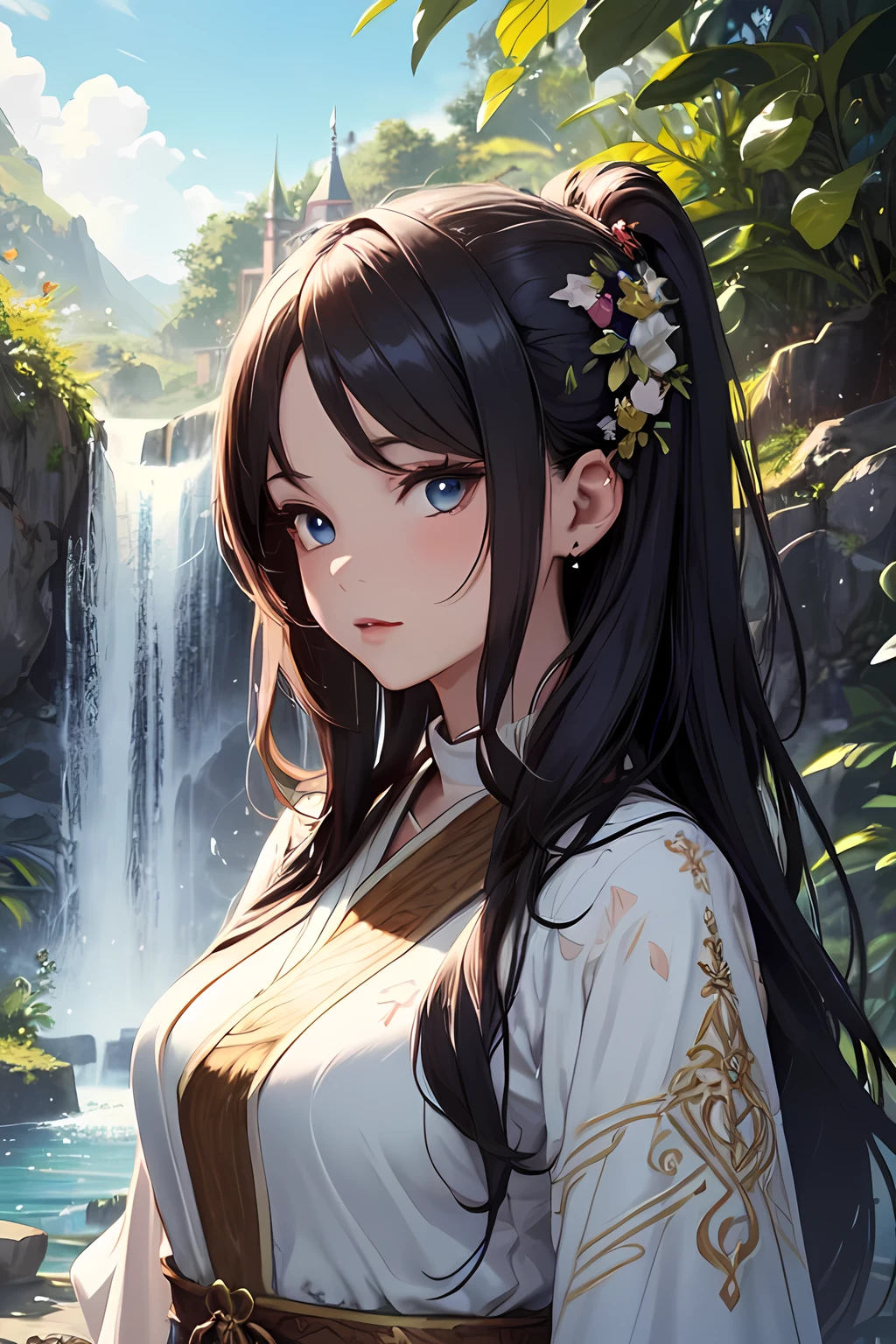 A meditative,Girl in a serene landscape,eye closed, peaceful environment, Calm atmosphere,Tranquility,Silence,soft sunlight,gentle wind,Blissful Heart,Inner peace,serenidade,Soothing colors,natural scenery,Floating feeling,Rest,harmony,Relaxation...(Best Quality,hight resolution,Ultra-detailed),Landscape painting,realistic artwork,Impressionistic style,Soft brush strokes,Subtle color blends,Vivid colors,A play of light and shadow,Ethereal,Spiritual Experiences...
